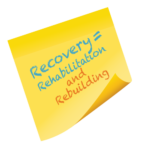 Recovery Equals Rehabilitation written on a yellow post it note.