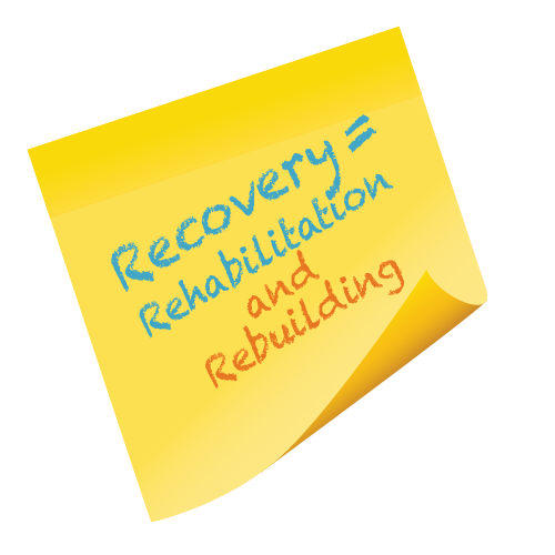 Recovery Equals Rehabilitation written on a yellow post it note.
